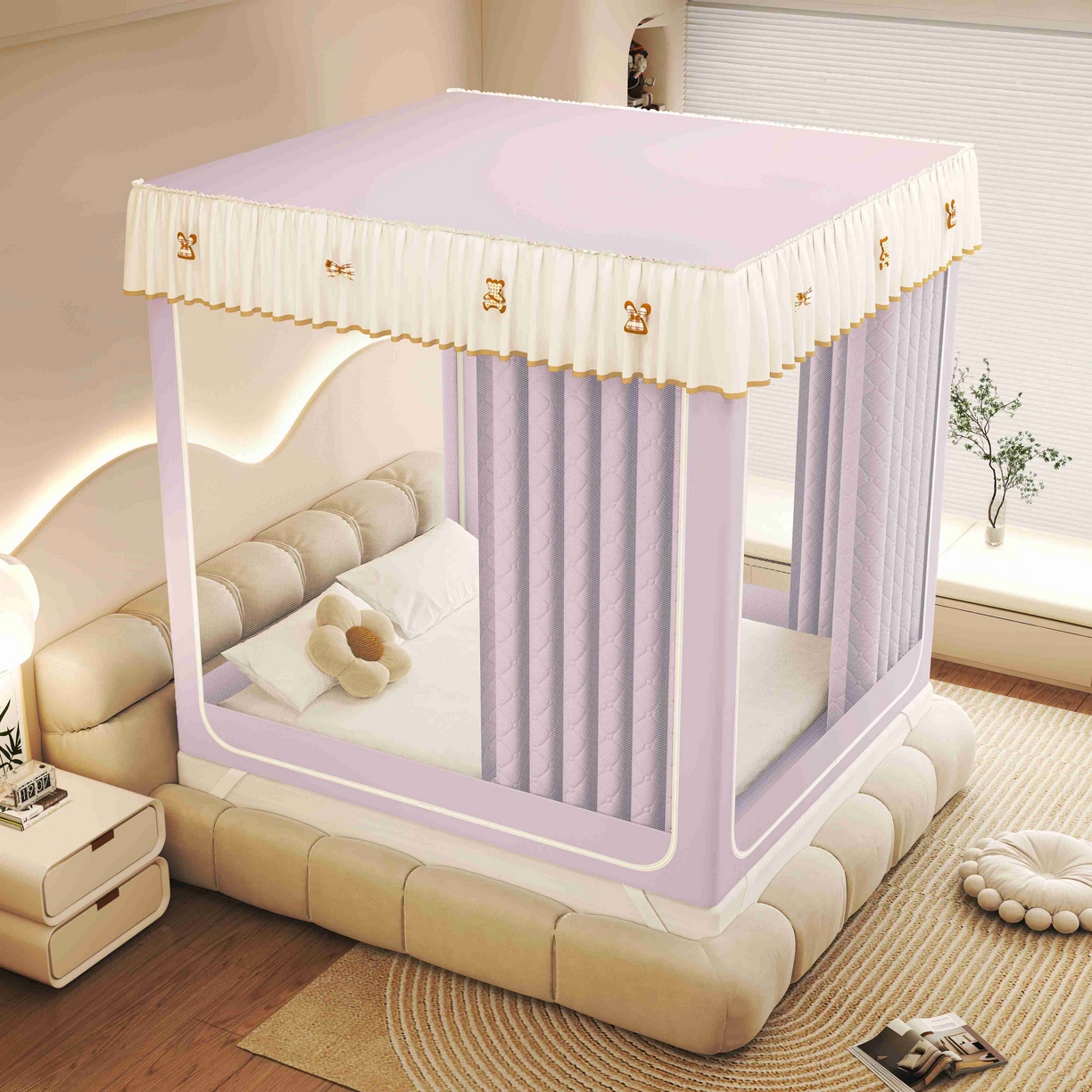 91家纺网 家纺一手货源 找家纺 初心家纺 2025新款防尘遮光保暖蚊帐 浅紫