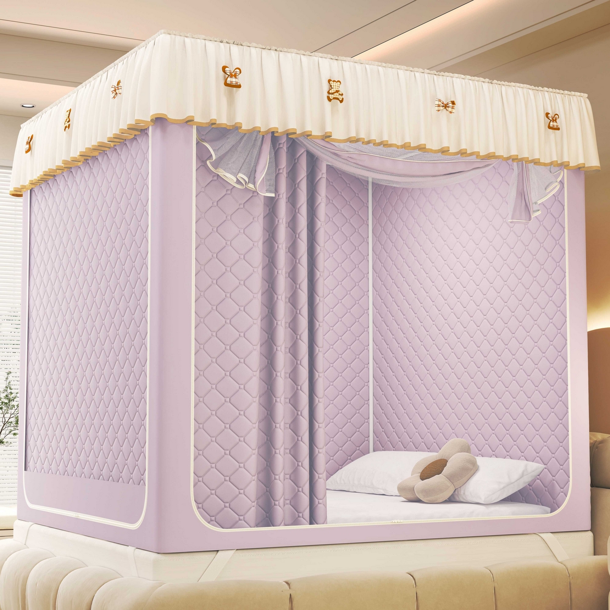 91家纺网 家纺一手货源 找家纺 初心家纺 2025新款防尘遮光保暖蚊帐 浅紫