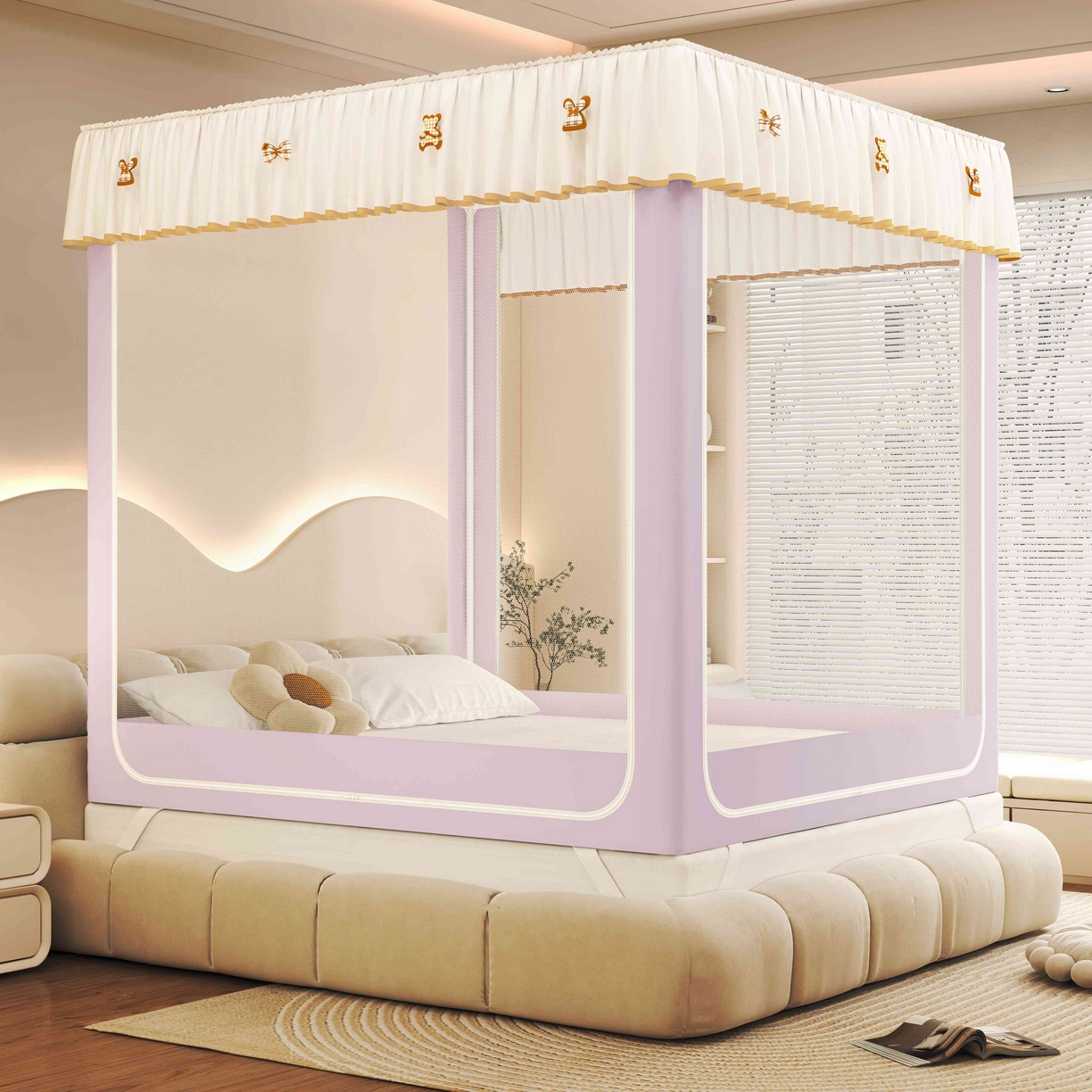 91家纺网 家纺一手货源 找家纺 初心家纺 2025新款防尘遮光保暖蚊帐 浅紫