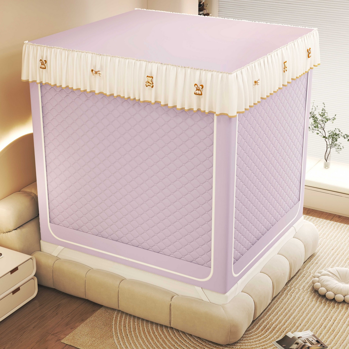 91家纺网 家纺一手货源 找家纺 初心家纺 2025新款防尘遮光保暖蚊帐 浅紫