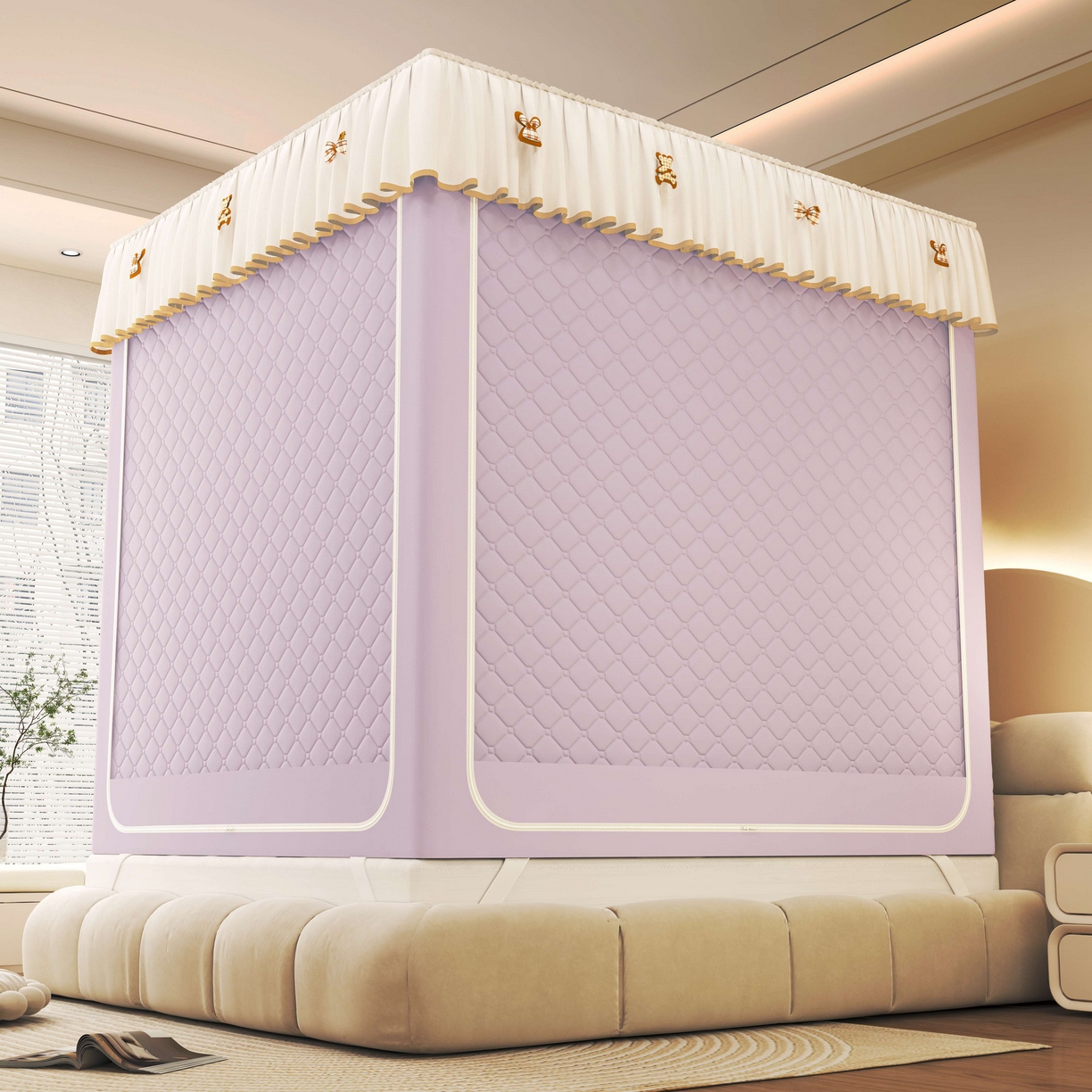 91家纺网 家纺一手货源 找家纺 初心家纺 2025新款防尘遮光保暖蚊帐 浅紫