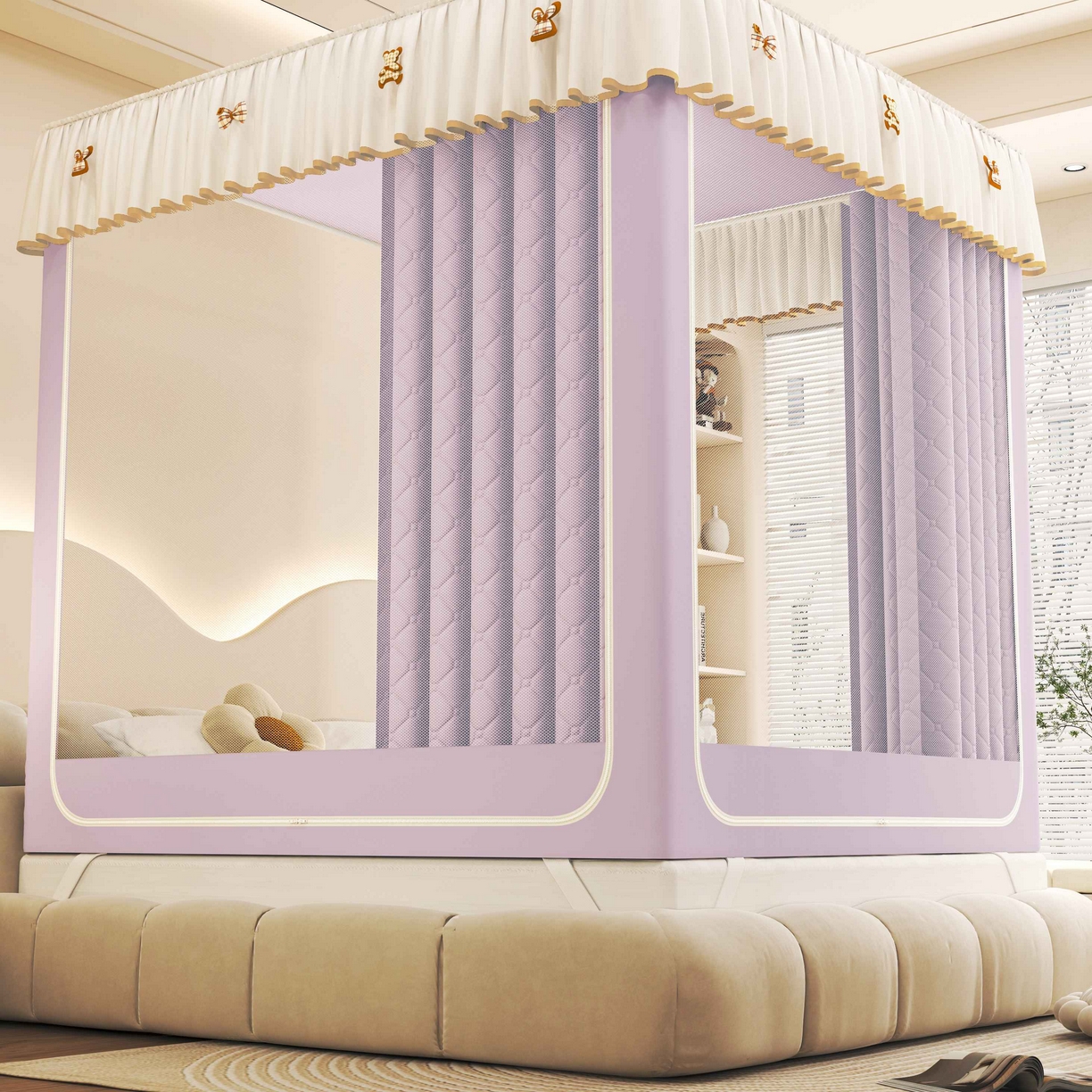 91家纺网 家纺一手货源 找家纺 初心家纺 2025新款防尘遮光保暖蚊帐 浅紫