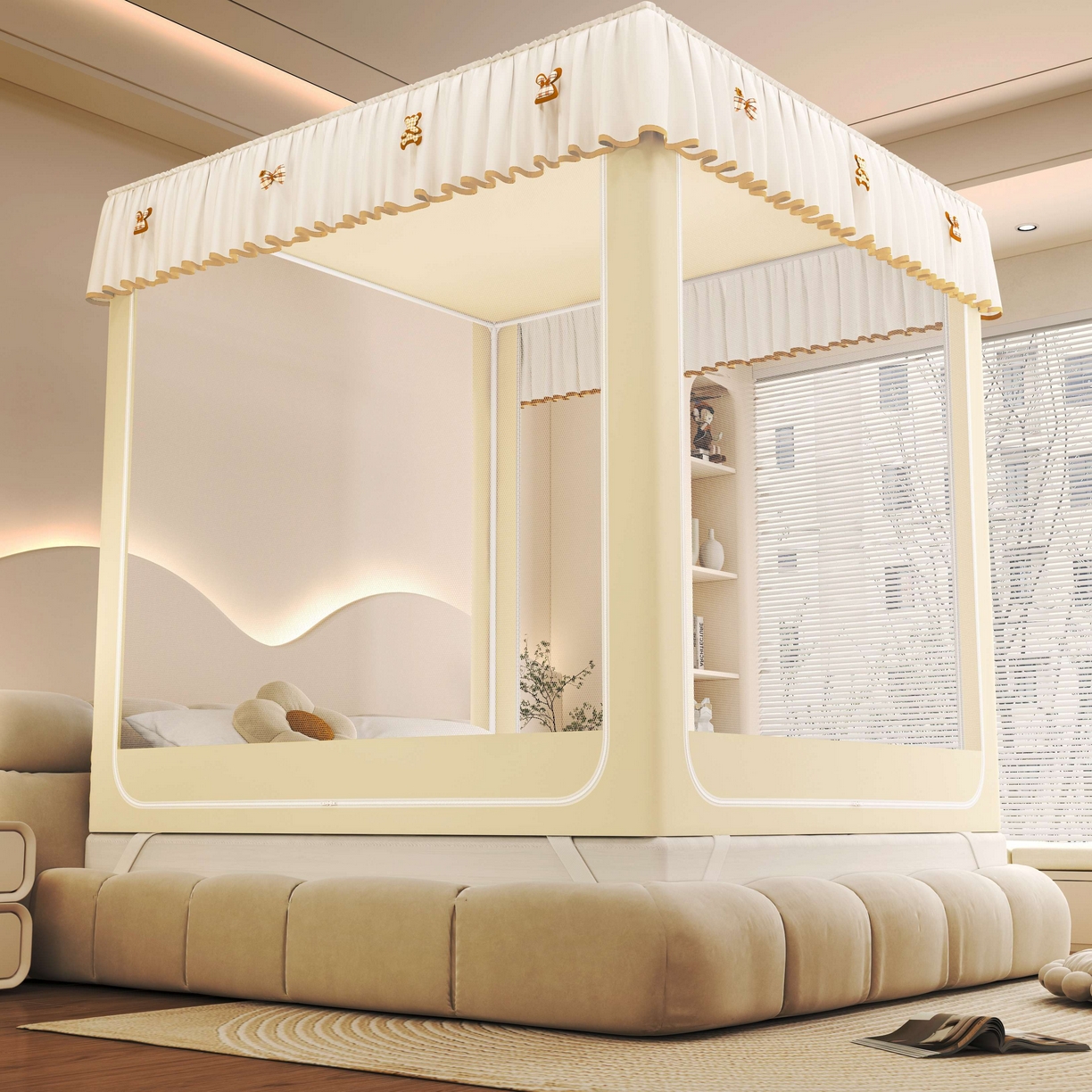 91家纺网 家纺一手货源 找家纺 初心家纺 2025新款防尘遮光保暖蚊帐 米黄