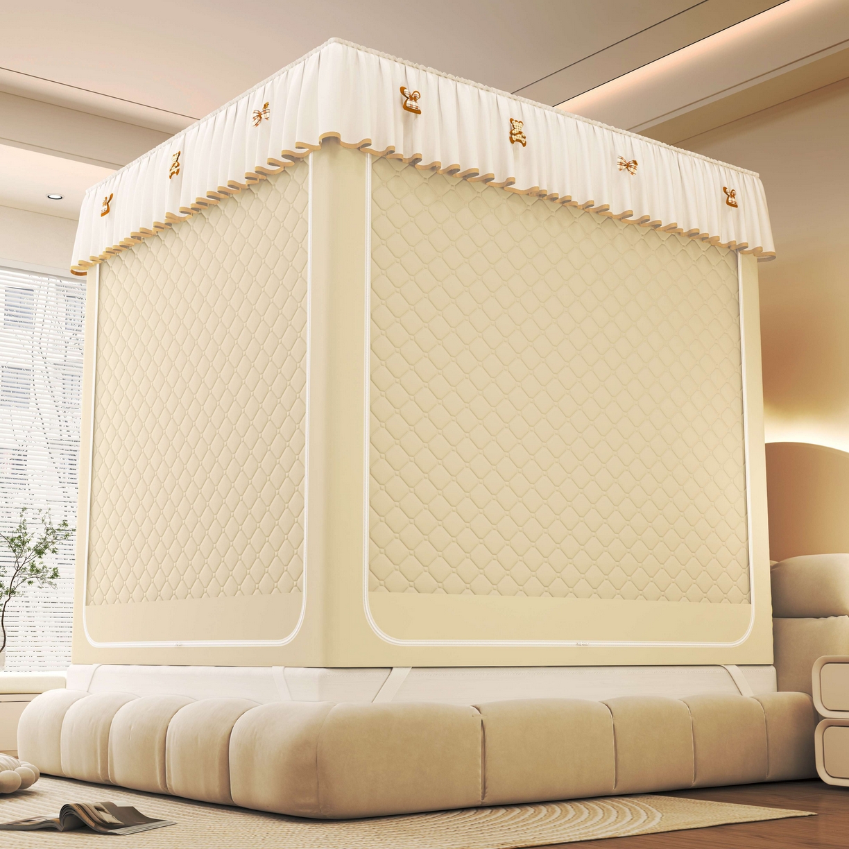 91家纺网 家纺一手货源 找家纺 初心家纺 2025新款防尘遮光保暖蚊帐 米黄