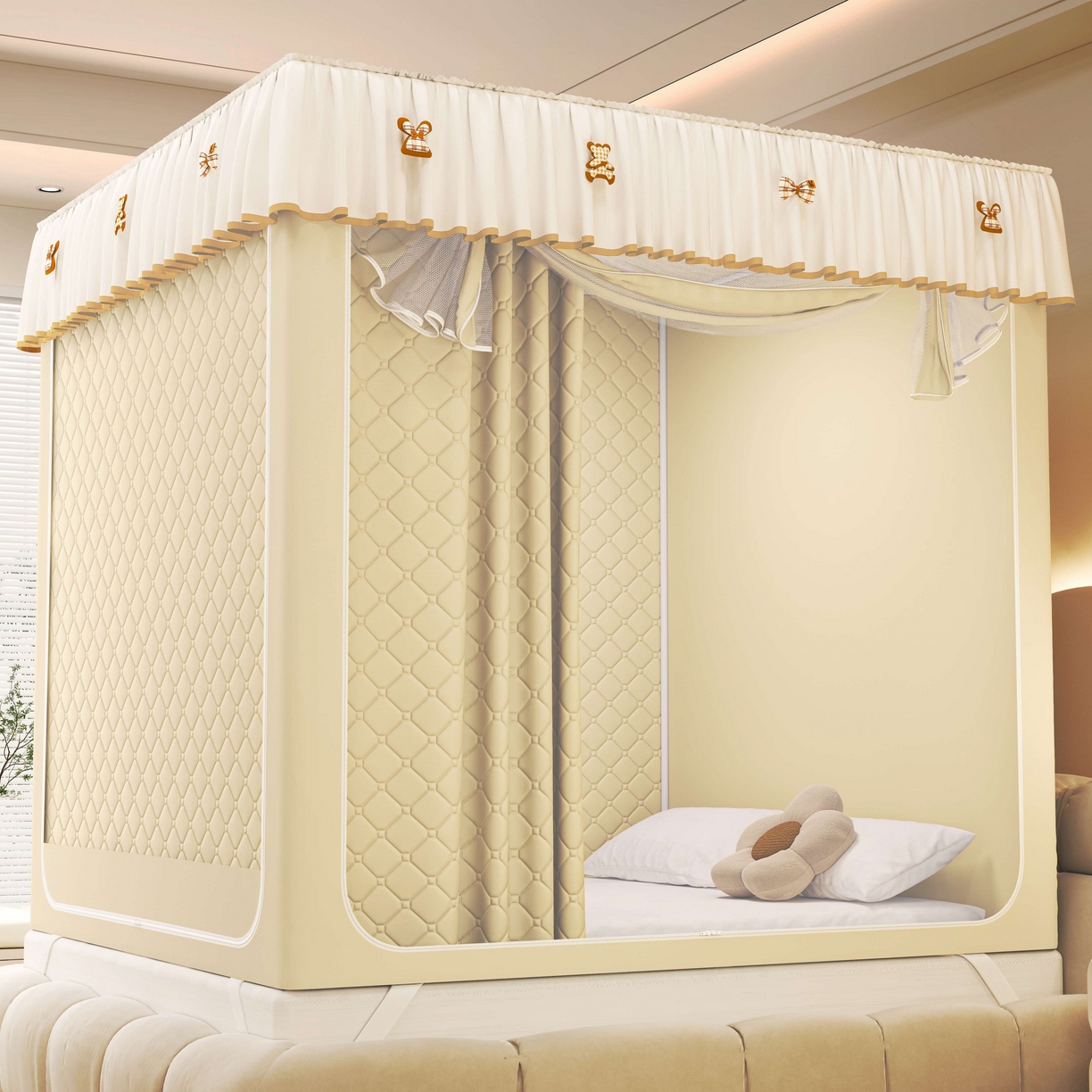 91家纺网 家纺一手货源 找家纺 初心家纺 2025新款防尘遮光保暖蚊帐 米黄