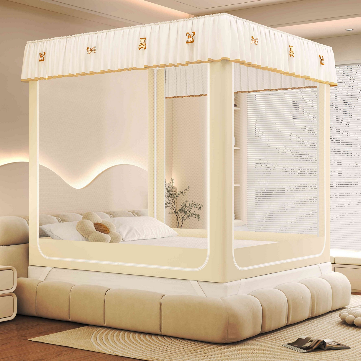 91家纺网 家纺一手货源 找家纺 初心家纺 2025新款防尘遮光保暖蚊帐 米黄