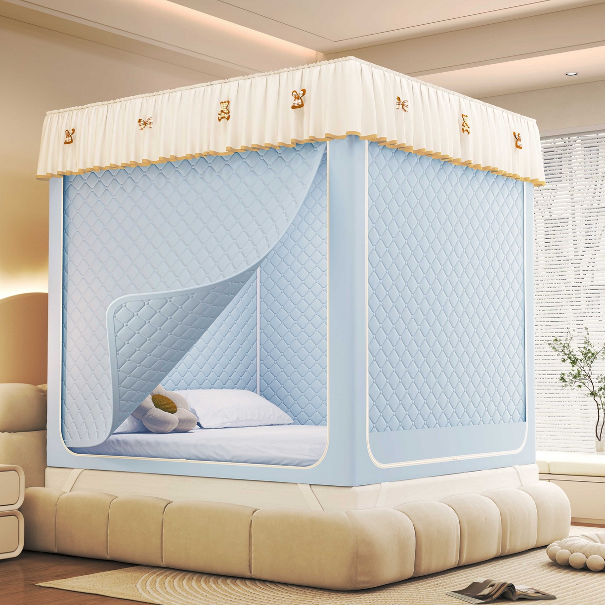 初心家纺 2025新款防尘遮光保暖蚊帐 天蓝