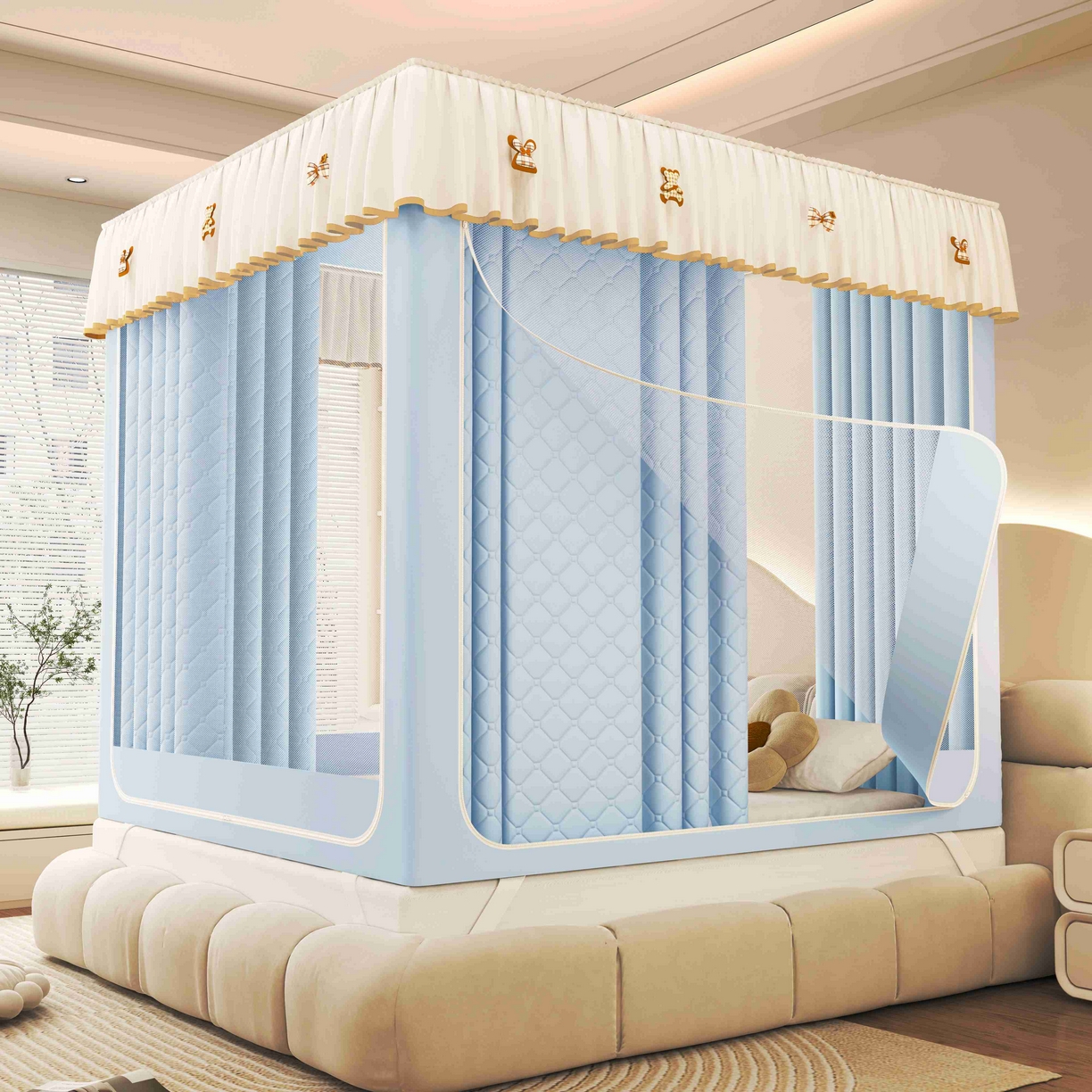 91家纺网 家纺一手货源 找家纺 初心家纺 2025新款防尘遮光保暖蚊帐 天蓝