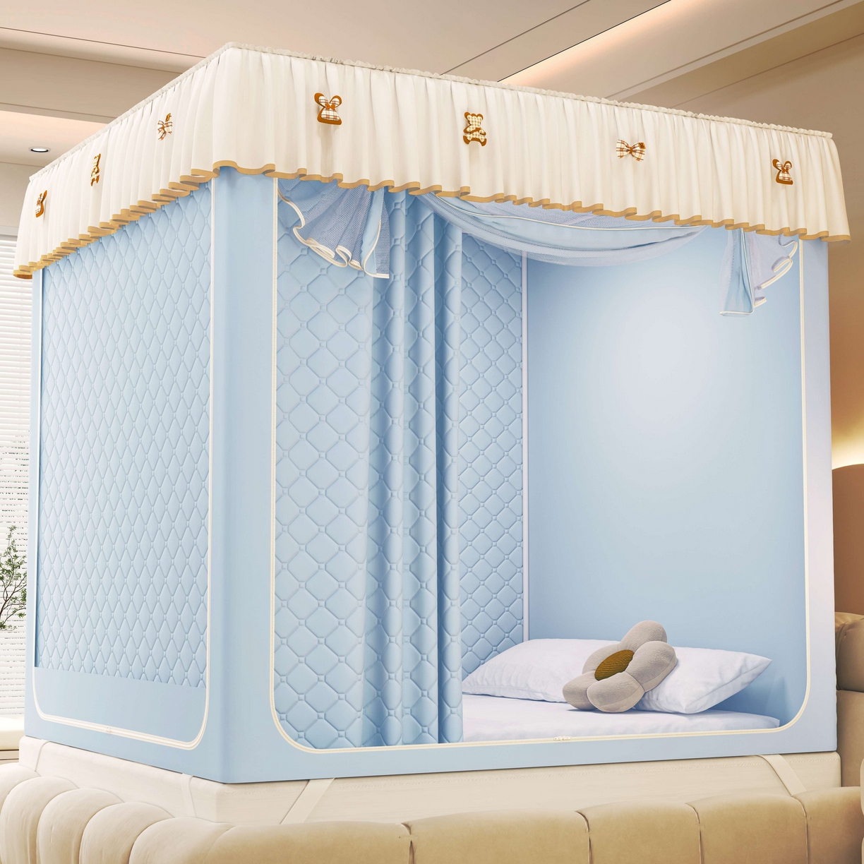 91家纺网 家纺一手货源 找家纺 初心家纺 2025新款防尘遮光保暖蚊帐 天蓝