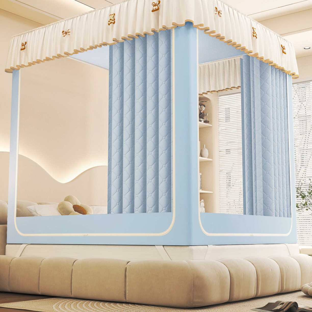 91家纺网 家纺一手货源 找家纺 初心家纺 2025新款防尘遮光保暖蚊帐 天蓝