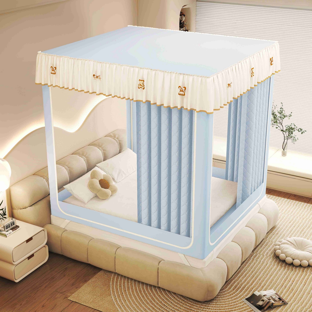 91家纺网 家纺一手货源 找家纺 初心家纺 2025新款防尘遮光保暖蚊帐 天蓝