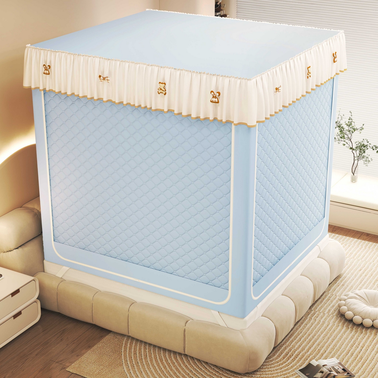 91家纺网 家纺一手货源 找家纺 初心家纺 2025新款防尘遮光保暖蚊帐 天蓝