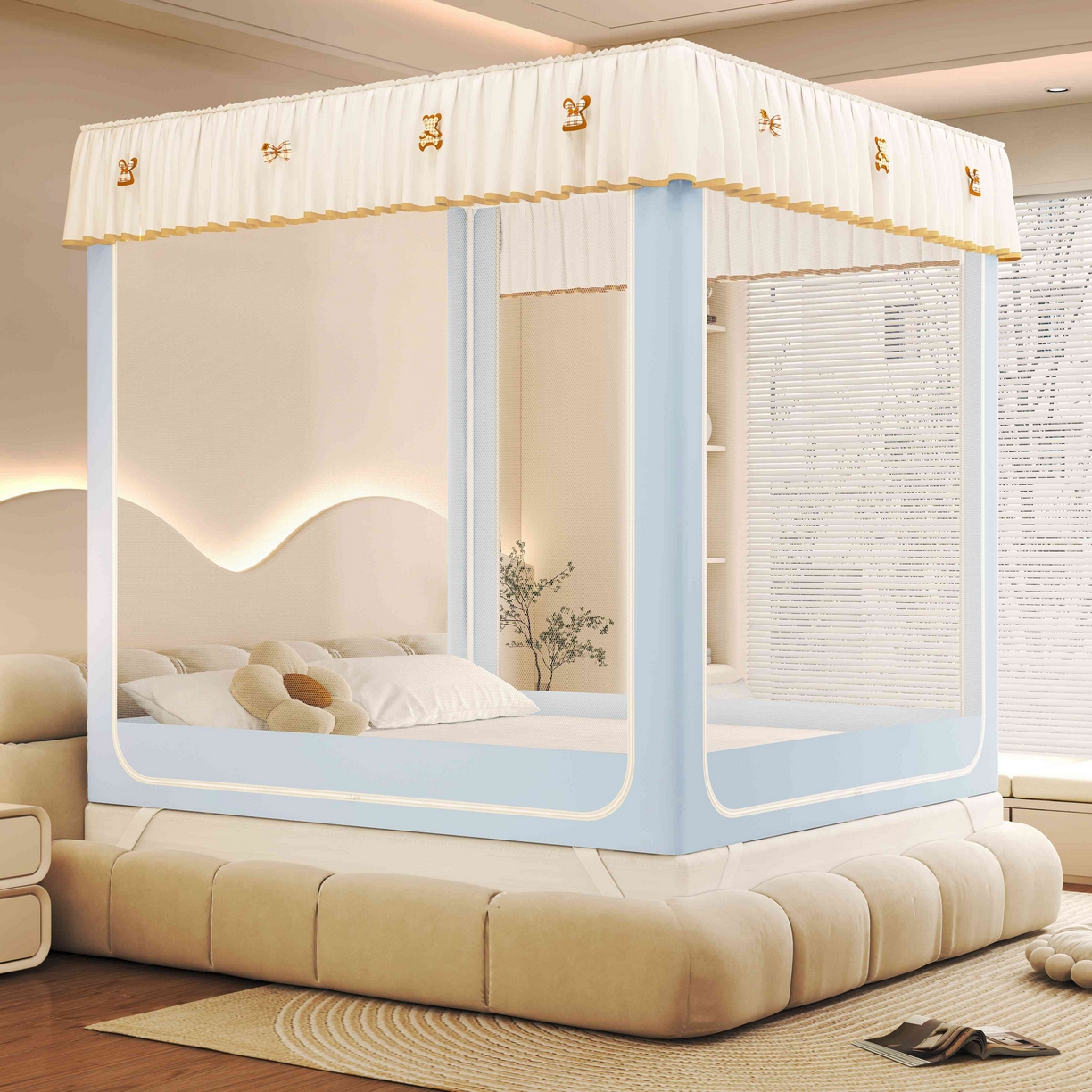 91家纺网 家纺一手货源 找家纺 初心家纺 2025新款防尘遮光保暖蚊帐 天蓝