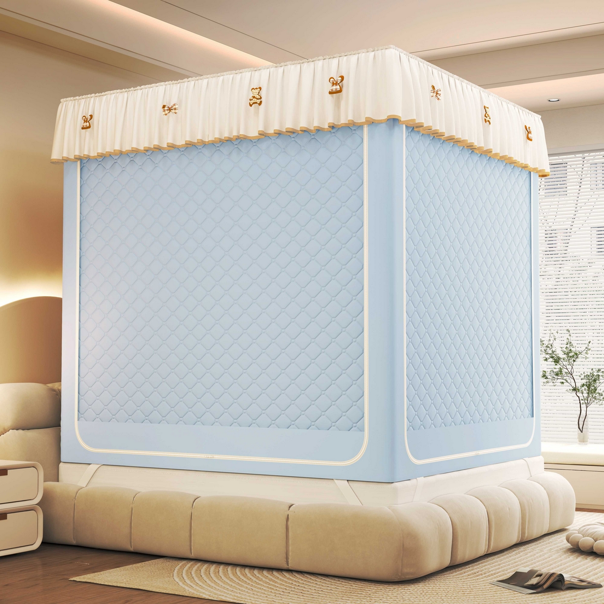 91家纺网 家纺一手货源 找家纺 初心家纺 2025新款防尘遮光保暖蚊帐 天蓝