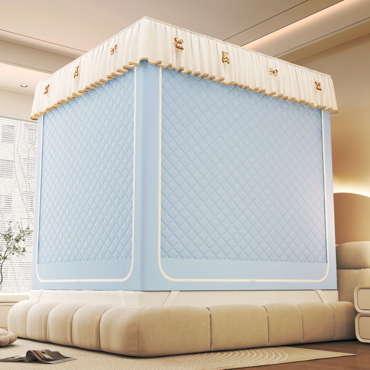 91家纺网 家纺一手货源 找家纺 初心家纺 2025新款防尘遮光保暖蚊帐 天蓝