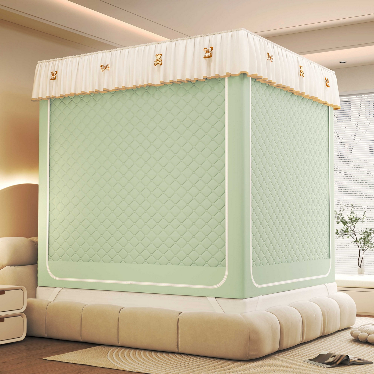 91家纺网 家纺一手货源 找家纺 初心家纺 2025新款防尘遮光保暖蚊帐 浅绿