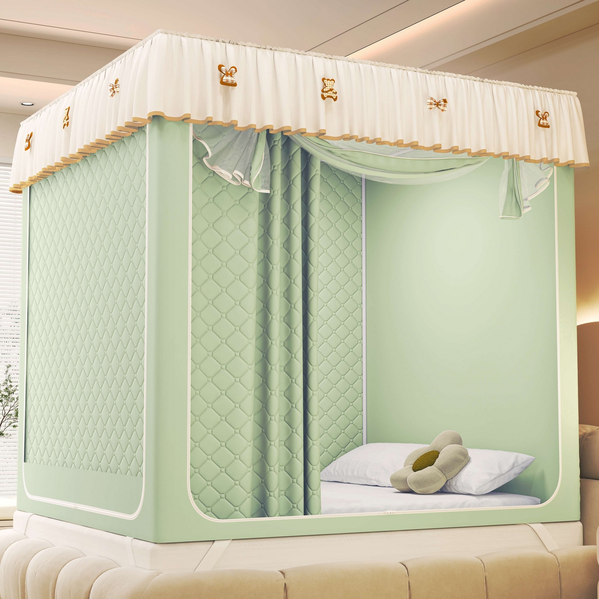 91家纺网 家纺一手货源 找家纺 初心家纺 2025新款防尘遮光保暖蚊帐 浅绿