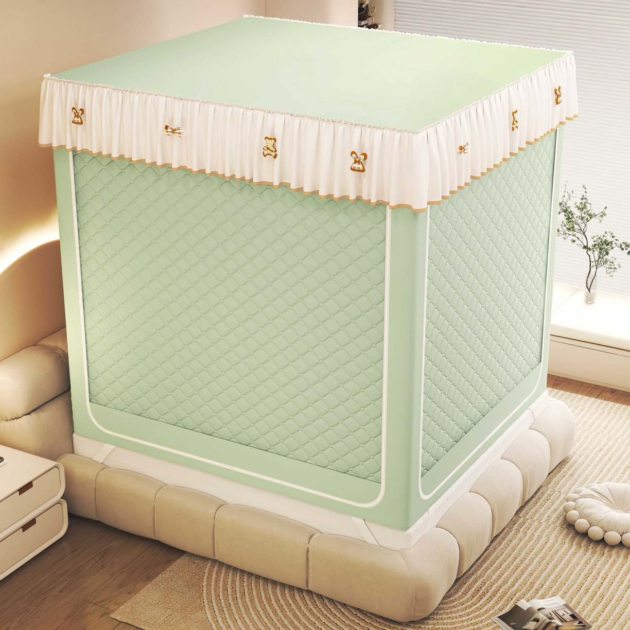 91家纺网 家纺一手货源 找家纺 初心家纺 2025新款防尘遮光保暖蚊帐 浅绿