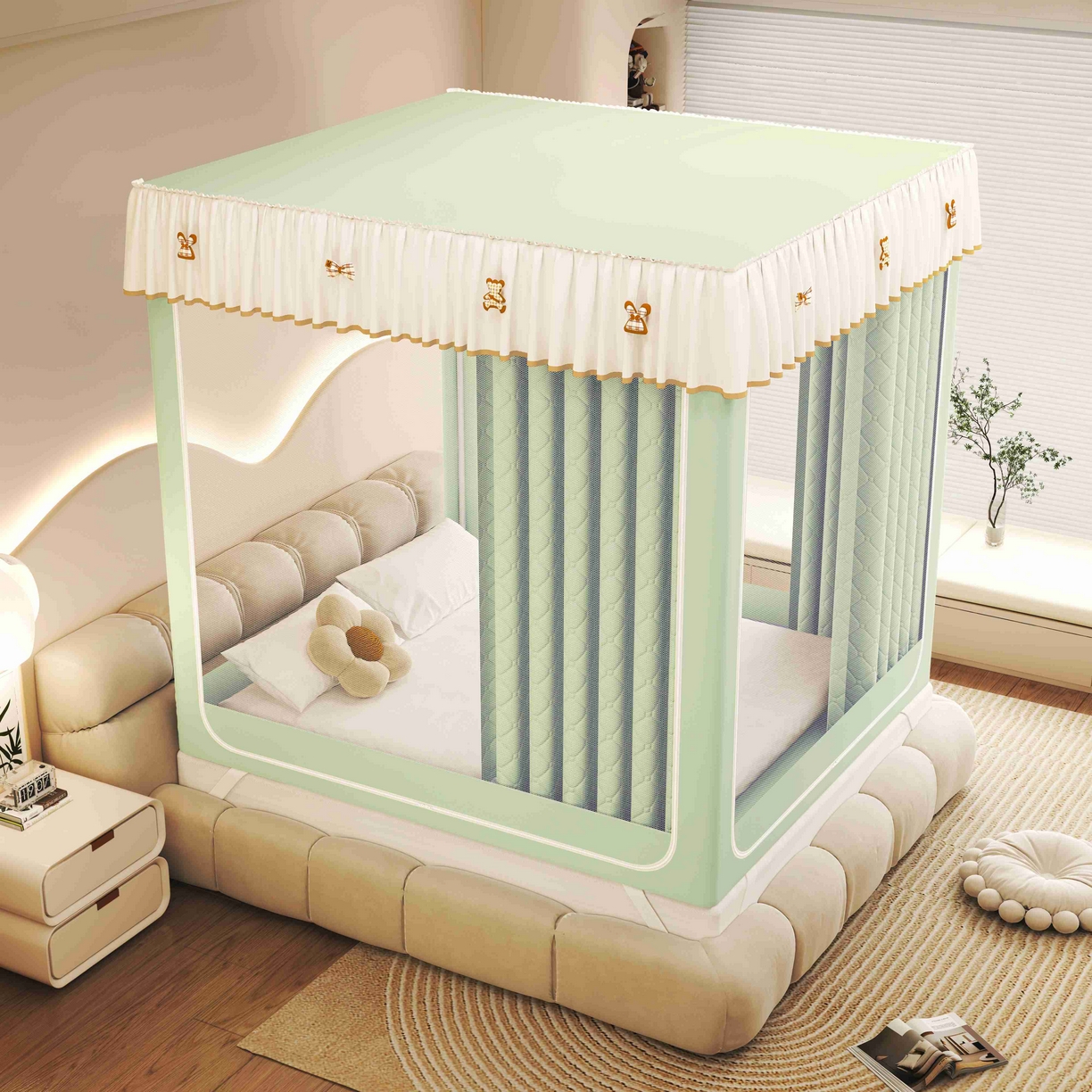 91家纺网 家纺一手货源 找家纺 初心家纺 2025新款防尘遮光保暖蚊帐 浅绿