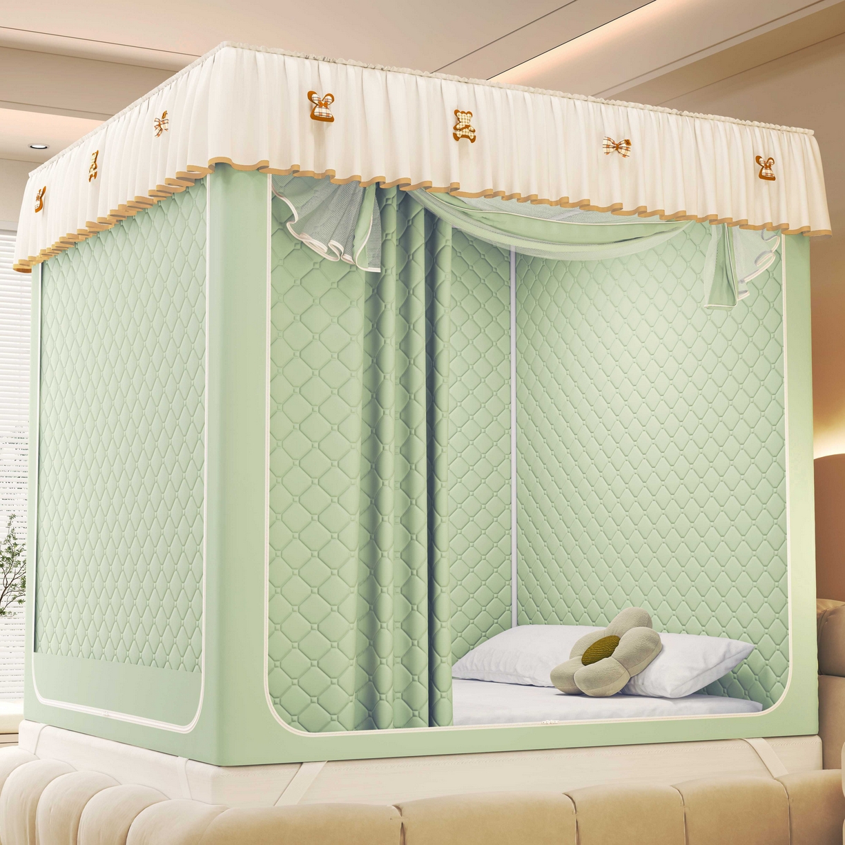 91家纺网 家纺一手货源 找家纺 初心家纺 2025新款防尘遮光保暖蚊帐 浅绿