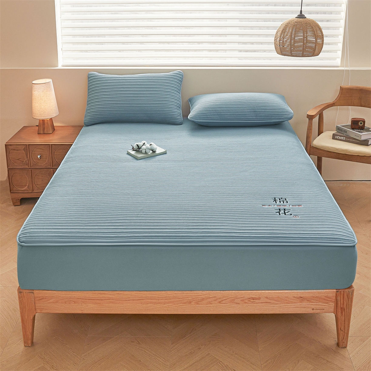 91家纺网 家纺一手货源 找家纺 居眠 2025新款云纹刺绣棉花防水床笠 床笠单件-云纹 云纹-蓝