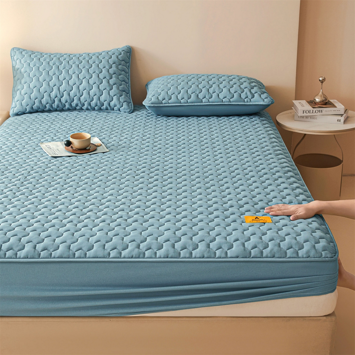 91家纺网 家纺一手货源 找家纺 居眠 2025新款简格-棉花防水床笠-简格 简格-蓝色