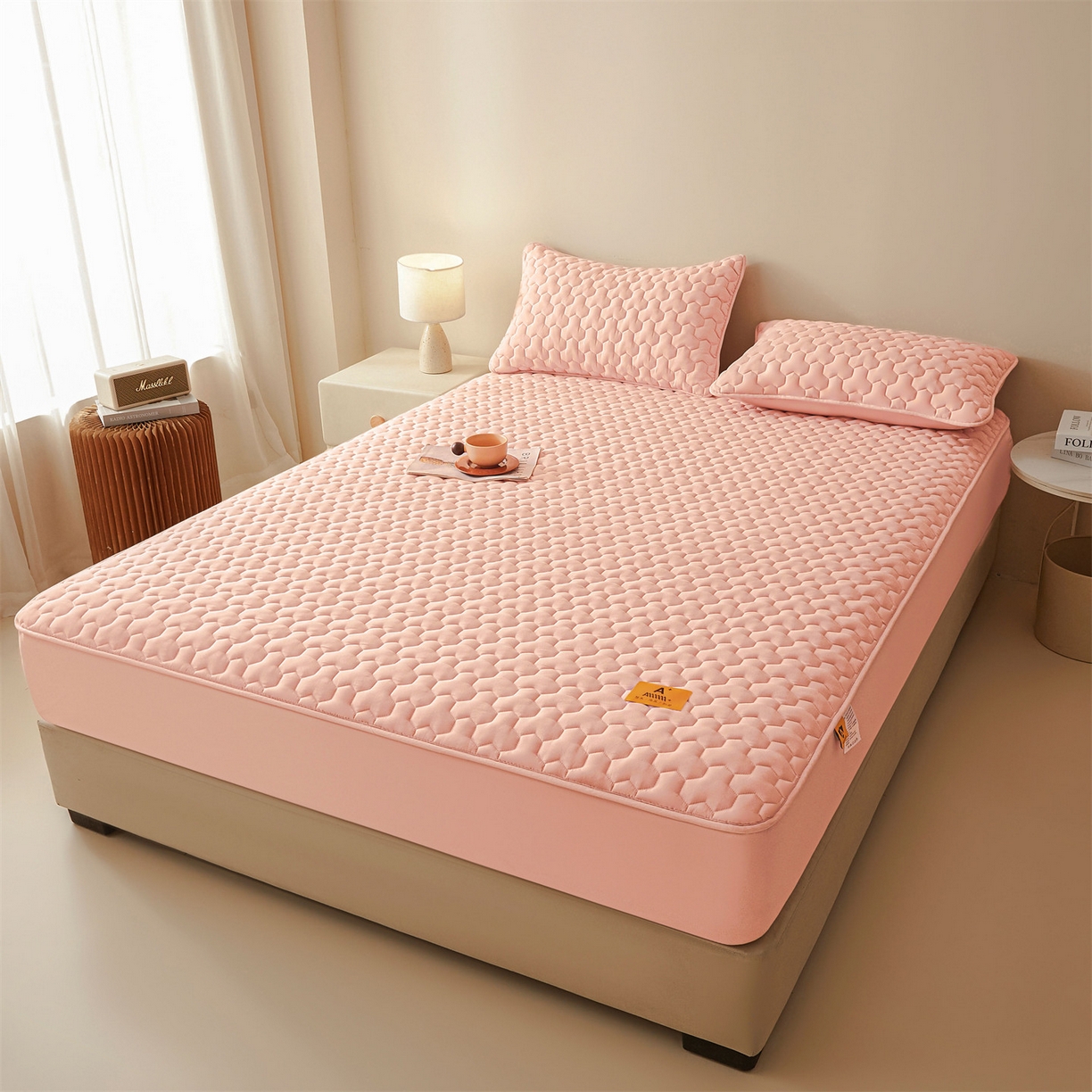 91家纺网 家纺一手货源 找家纺 居眠 2025新款简格-棉花防水床笠-简格 简格-粉色