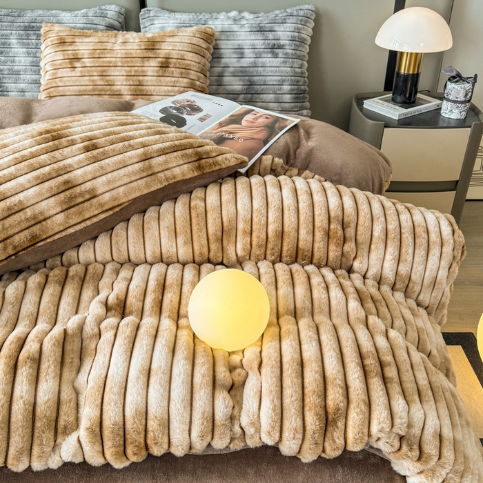 91家纺网 家纺一手货源 找家纺 金蕊阁 2025新款A类抽条兔绒四件套 渐变彩泡泡-咖