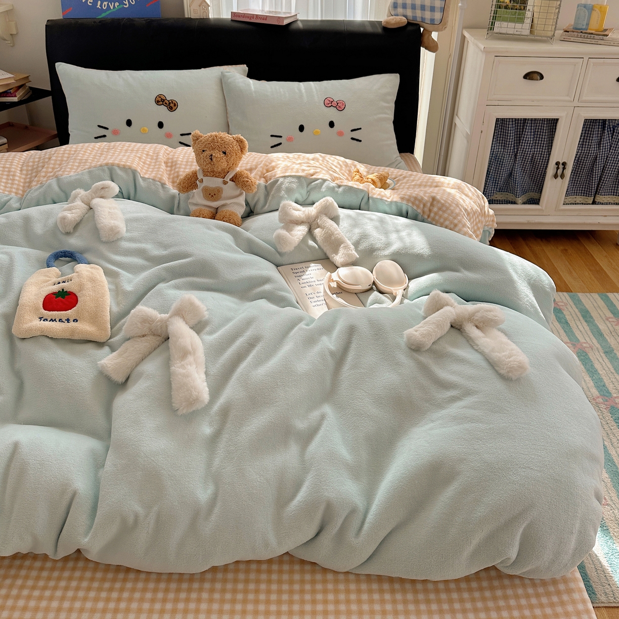 91家纺网 家纺一手货源 找家纺 （总）顾里家纺 2025新款兔毛蝴蝶结喵酱牛奶绒四件套