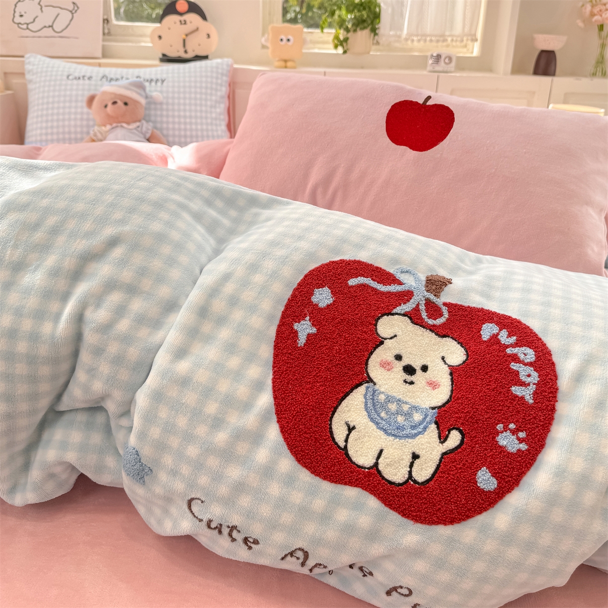 灰鲸 2025新款牛奶绒毛巾绣苹果狗、蛋糕喵系列四件套 苹果狗-蓝格+可可粉