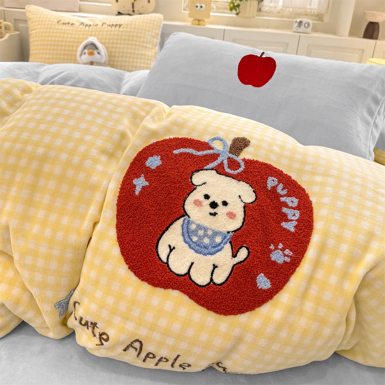 灰鲸 2025新款牛奶绒毛巾绣苹果狗、蛋糕喵系列四件套 苹果狗-黄格+繁星蓝
