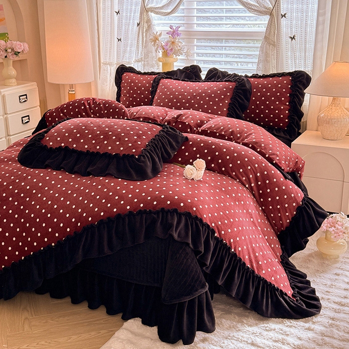 韩约家纺 2025新款法式大花边印花牛奶绒床盖款四件套 红波点（床盖款）