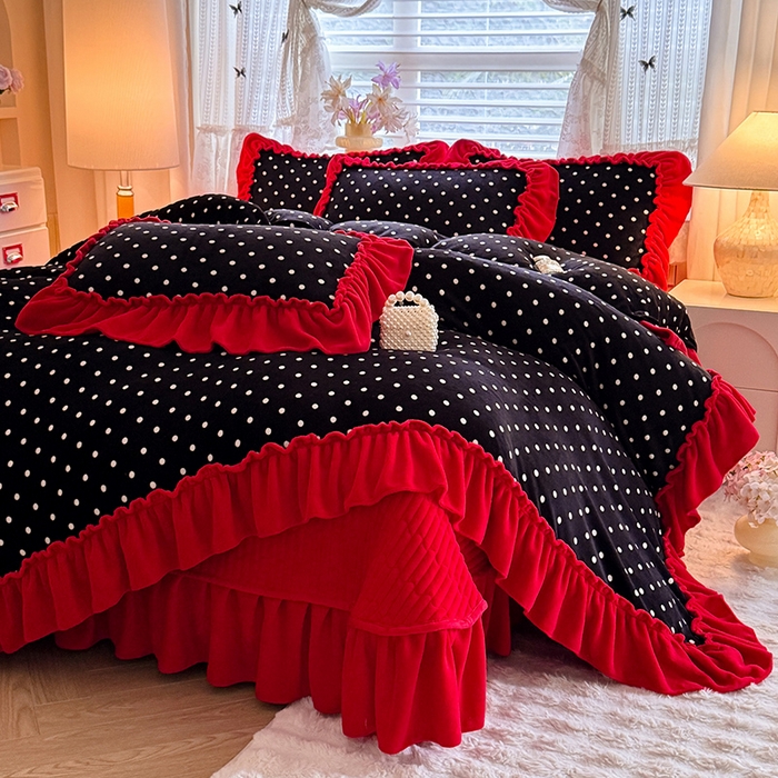 韩约家纺 2025新款法式大花边印花牛奶绒床盖款四件套 黑波点（床盖款）