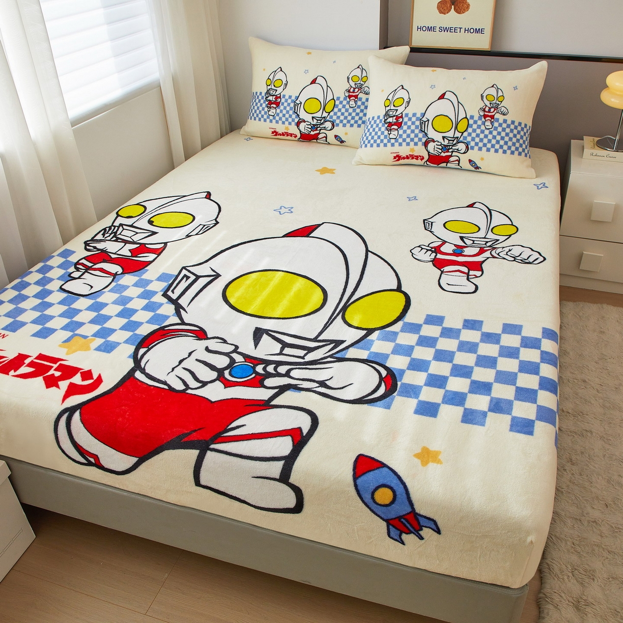 91家纺网 家纺一手货源 找家纺 蘭菲家纺 2025新款牛奶绒奥特曼系列单品床笠 超人兄弟