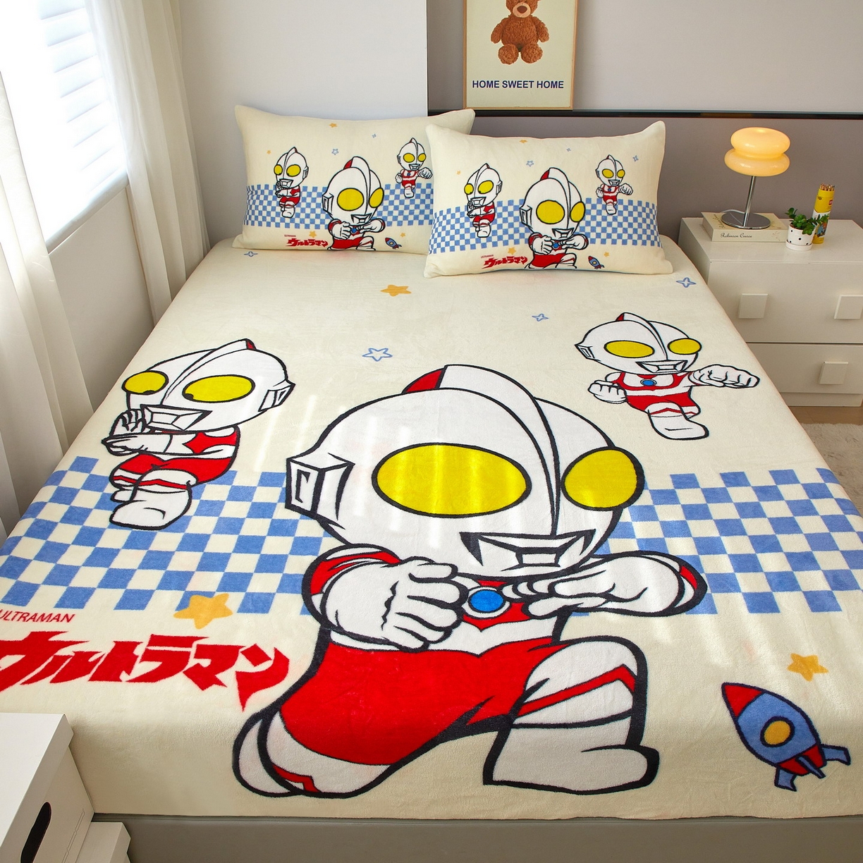 91家纺网 家纺一手货源 找家纺 蘭菲家纺 2025新款牛奶绒奥特曼系列单品床笠 超人兄弟