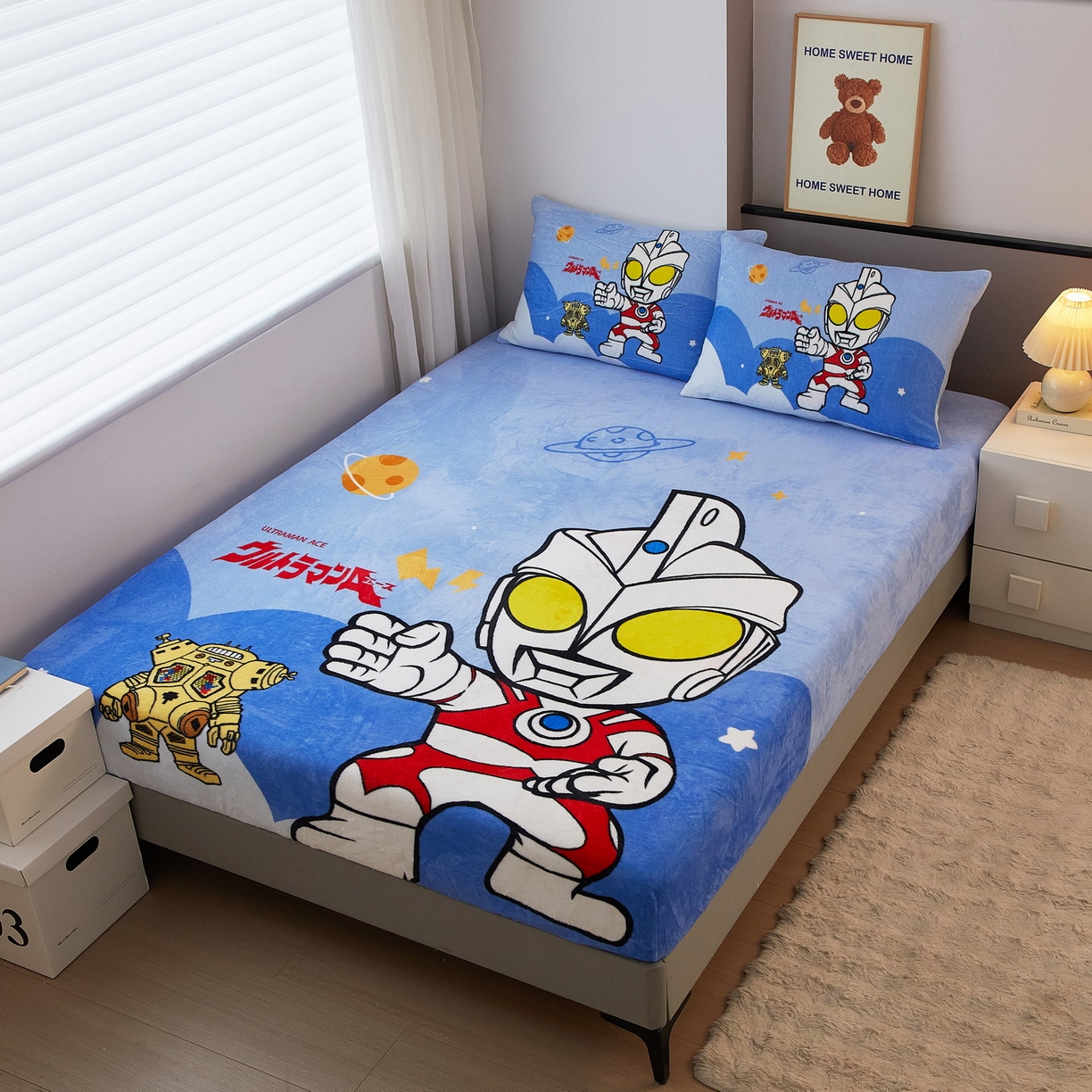 91家纺网 家纺一手货源 找家纺 蘭菲家纺 2025新款牛奶绒奥特曼系列单品床笠 出击