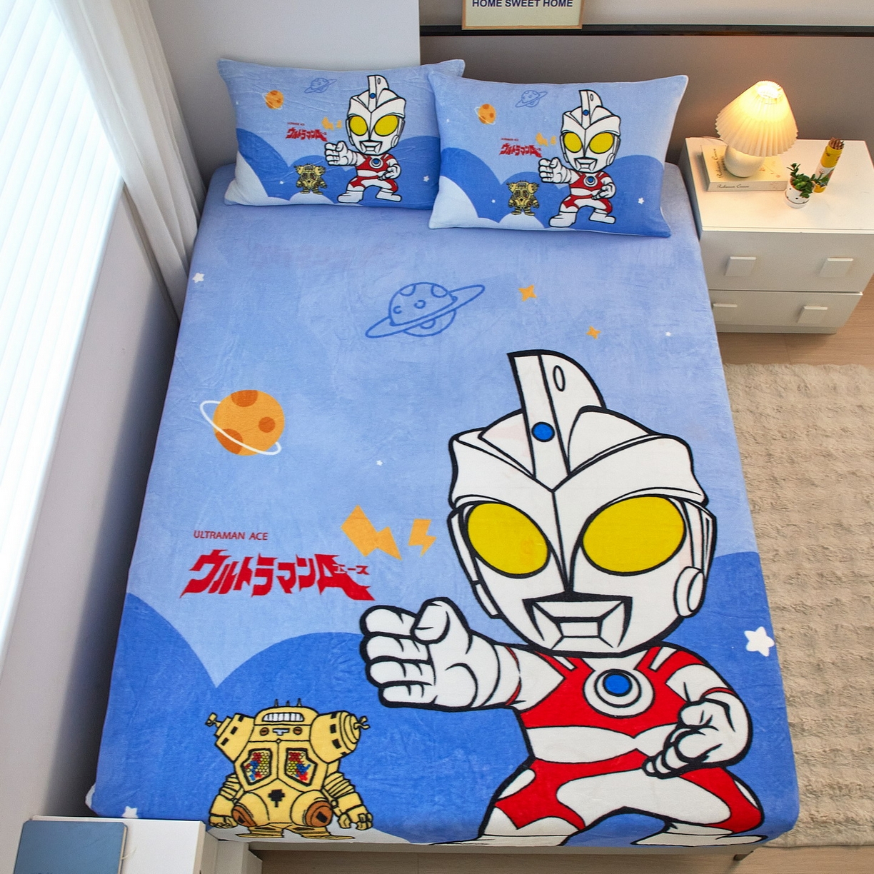 91家纺网 家纺一手货源 找家纺 蘭菲家纺 2025新款牛奶绒奥特曼系列单品床笠 出击