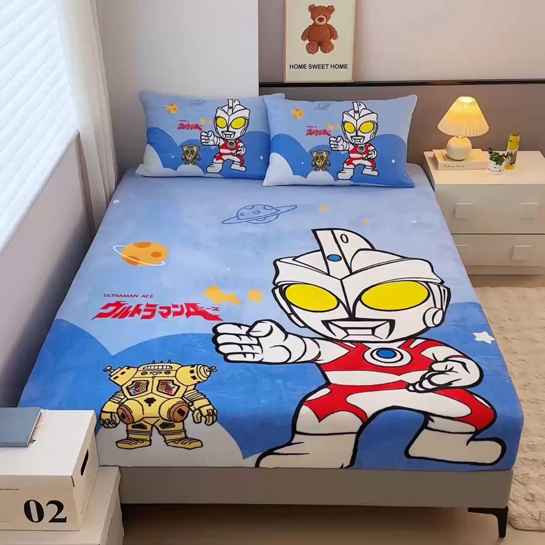 91家纺网 家纺一手货源 找家纺 蘭菲家纺 2025新款牛奶绒奥特曼系列单品床笠 出击