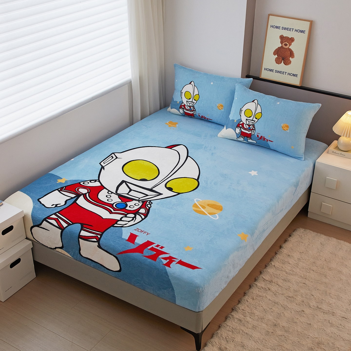 91家纺网 家纺一手货源 找家纺 蘭菲家纺 2025新款牛奶绒奥特曼系列单品床笠 发呆