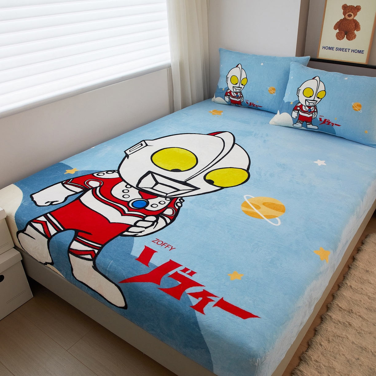 91家纺网 家纺一手货源 找家纺 蘭菲家纺 2025新款牛奶绒奥特曼系列单品床笠 发呆