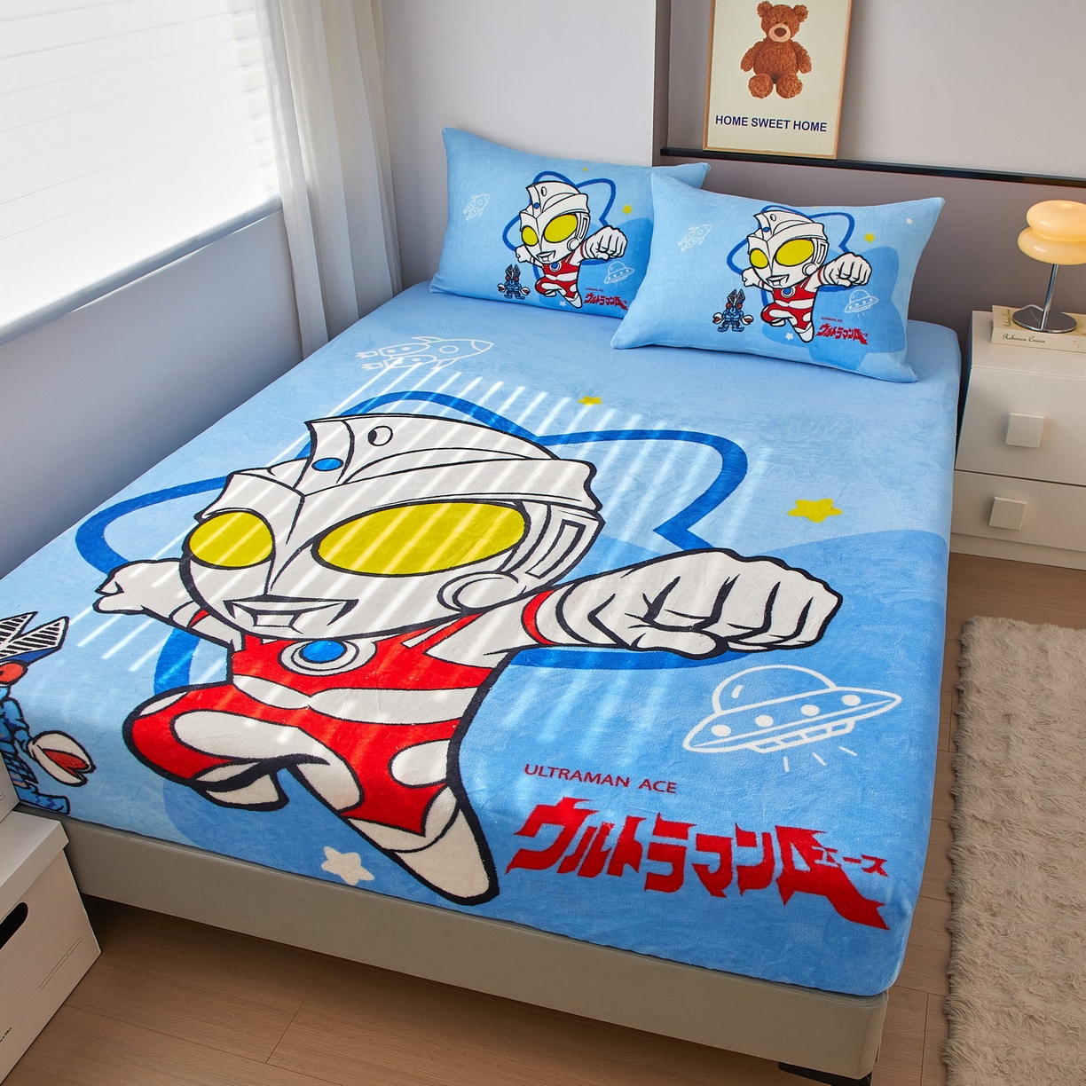 91家纺网 家纺一手货源 找家纺 蘭菲家纺 2025新款牛奶绒奥特曼系列单品床笠 飞天