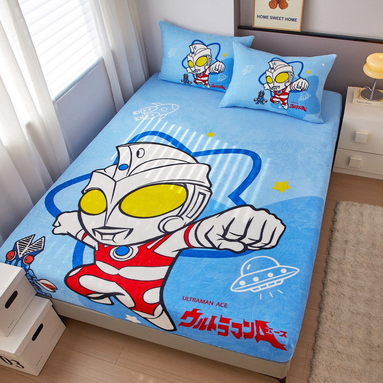 91家纺网 家纺一手货源 找家纺 蘭菲家纺 2025新款牛奶绒奥特曼系列单品床笠 飞天