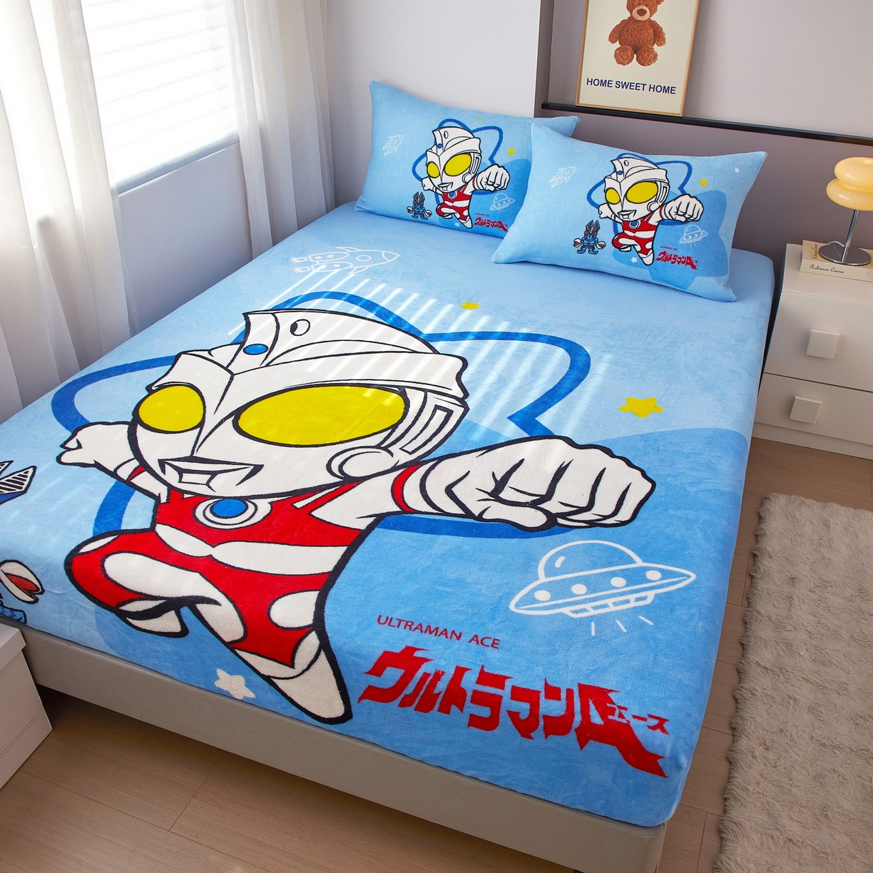 91家纺网 家纺一手货源 找家纺 蘭菲家纺 2025新款牛奶绒奥特曼系列单品床笠 飞天