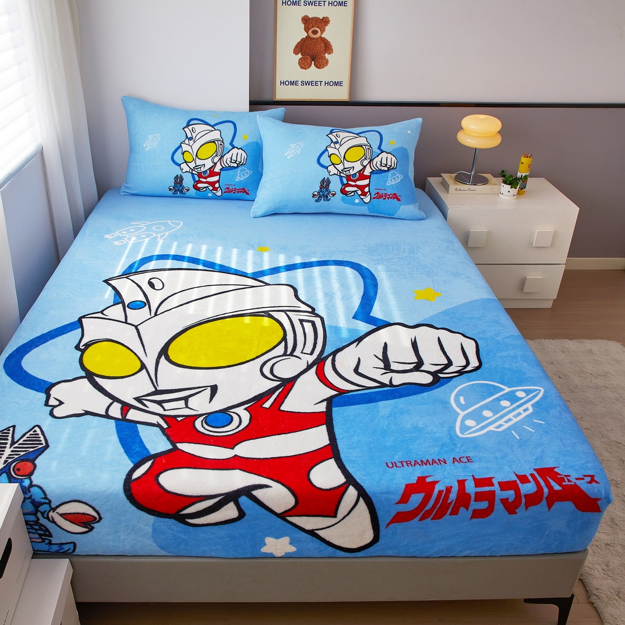 91家纺网 家纺一手货源 找家纺 蘭菲家纺 2025新款牛奶绒奥特曼系列单品床笠 飞天