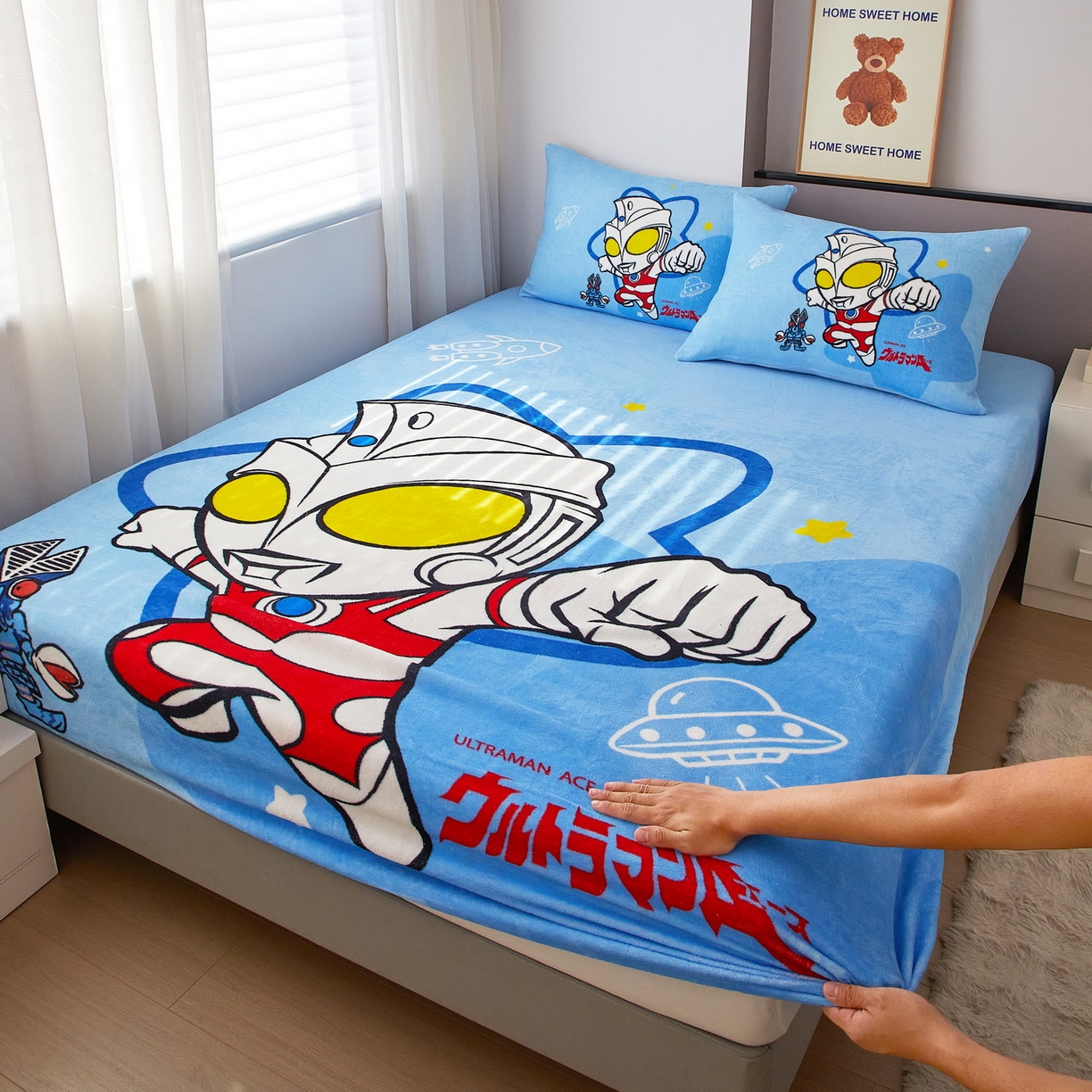 91家纺网 家纺一手货源 找家纺 蘭菲家纺 2025新款牛奶绒奥特曼系列单品床笠 飞天