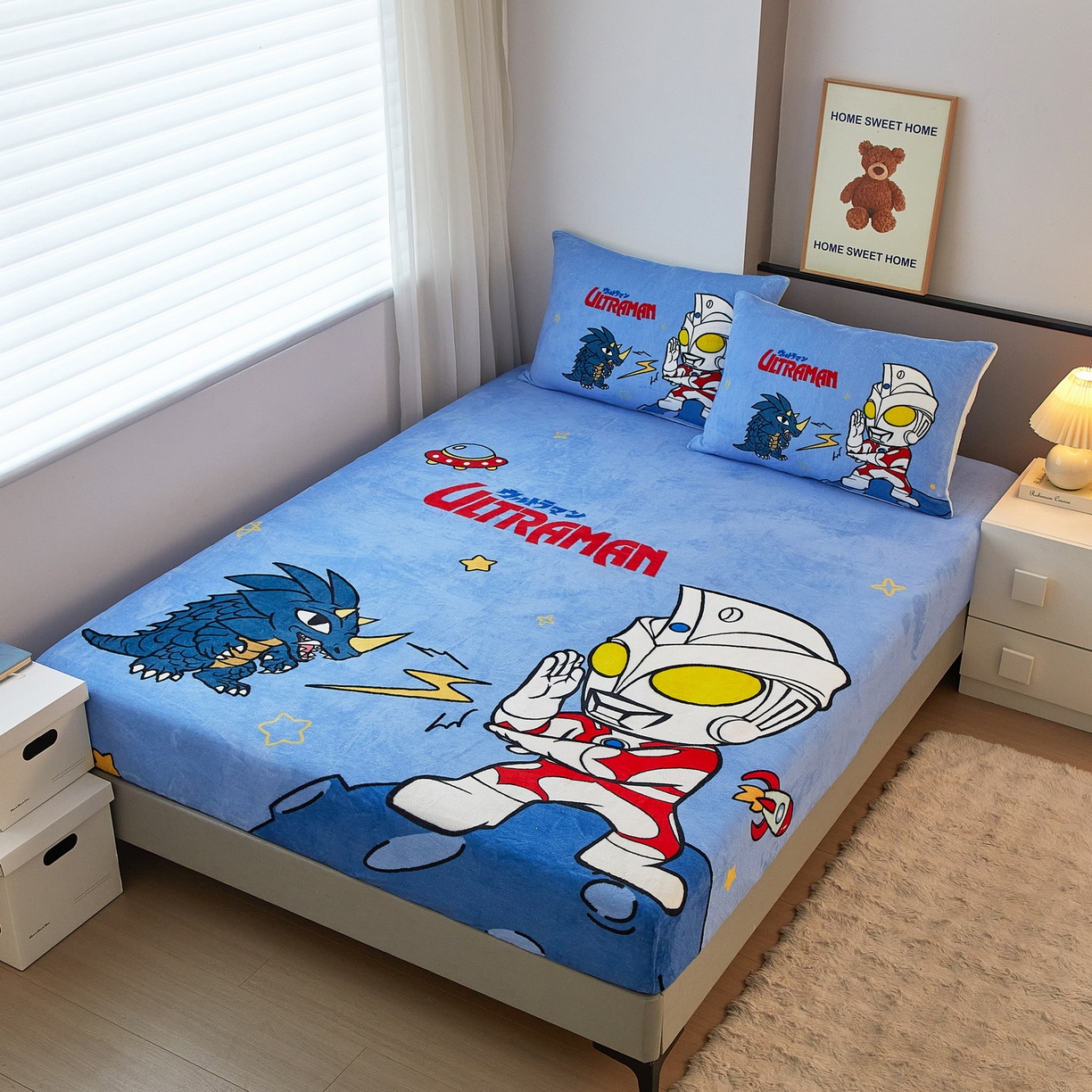 91家纺网 家纺一手货源 找家纺 蘭菲家纺 2025新款牛奶绒奥特曼系列单品床笠 闪电