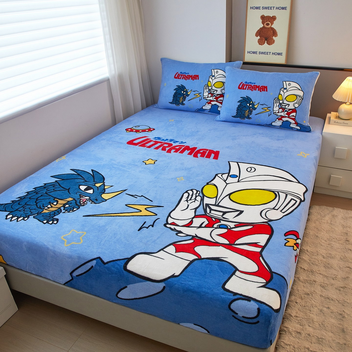 91家纺网 家纺一手货源 找家纺 蘭菲家纺 2025新款牛奶绒奥特曼系列单品床笠 闪电