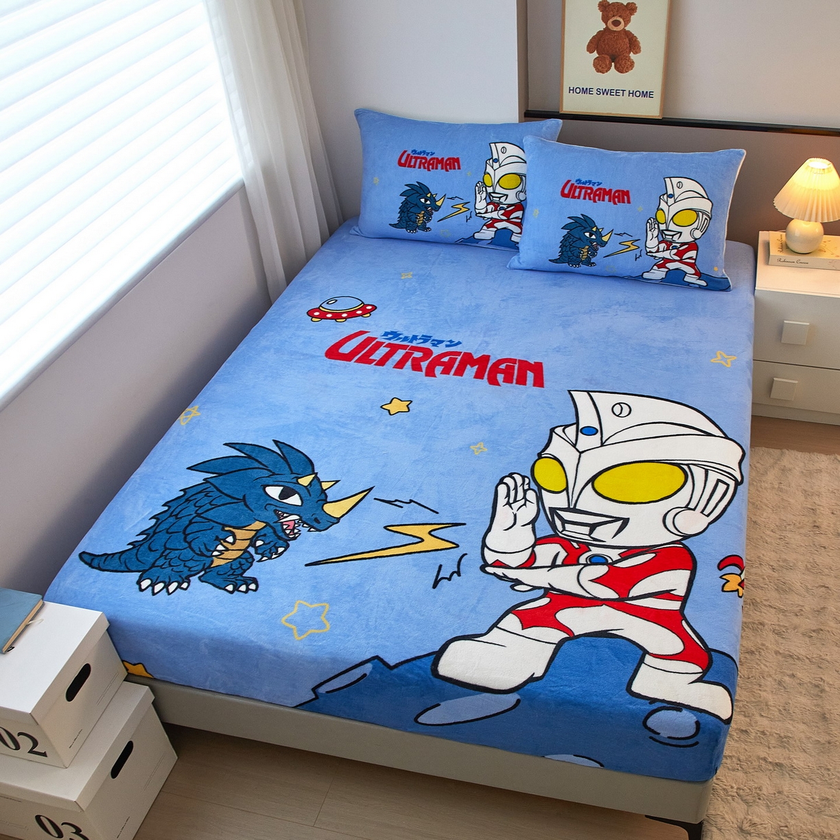 91家纺网 家纺一手货源 找家纺 蘭菲家纺 2025新款牛奶绒奥特曼系列单品床笠 闪电