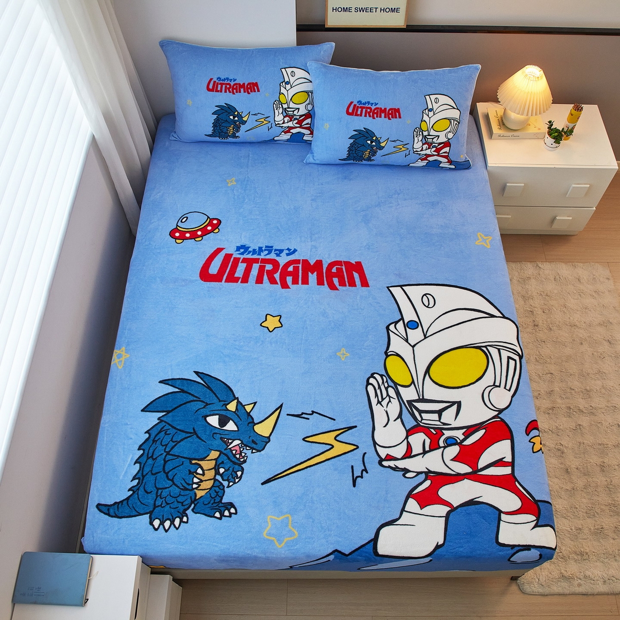 91家纺网 家纺一手货源 找家纺 蘭菲家纺 2025新款牛奶绒奥特曼系列单品床笠 闪电