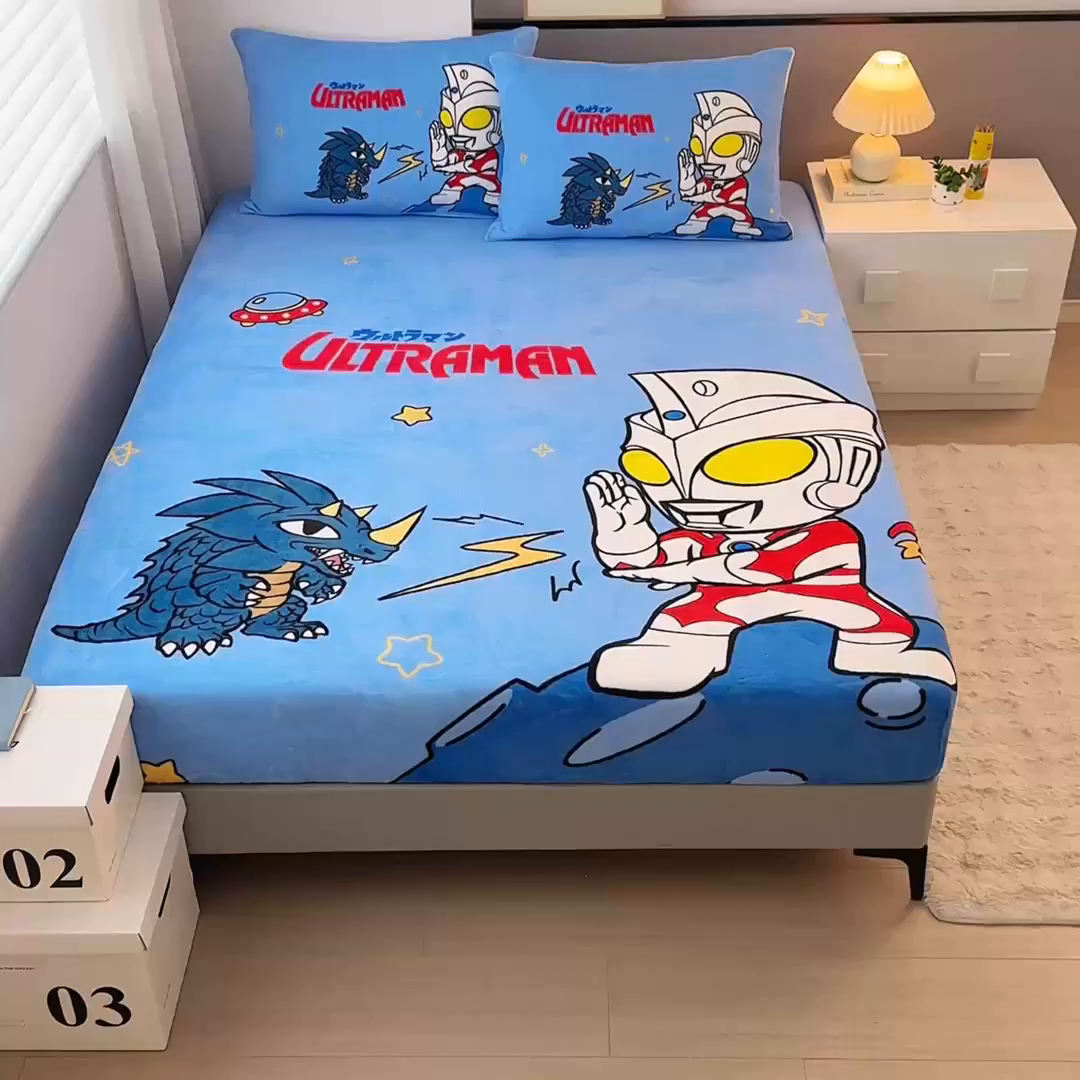 91家纺网 家纺一手货源 找家纺 蘭菲家纺 2025新款牛奶绒奥特曼系列单品床笠 闪电